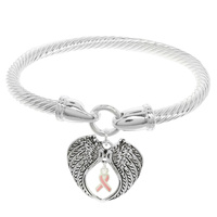 PINK RIBBON ANGEL WING CHARM WIRE BANGLE BRACELET