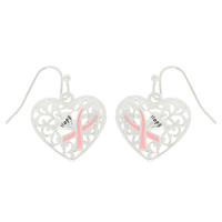 BREAST CANCER PINK RIBBON FILIGREE HEART EARRINGS