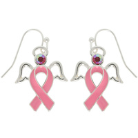 CRYSTAL PINK RIBBON WING & HALO DANGLE EARRINGS