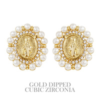 GOLD PLATED CZ SAINT MEDALLION EARRINGS