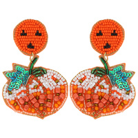 2-TIER JACK- O - LANTERN HALLOWEEN PUMPKIN SEED BEAD HANDMADE BEAD MIX BEADED EMBROIDERY DROP EARRINGS