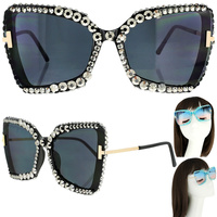 SPARKLING RHINESTONE  THICK RIM CAT EYE SUNGLASSES