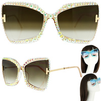 SPARKLING RHINESTONE  THICK RIM CAT EYE SUNGLASSES