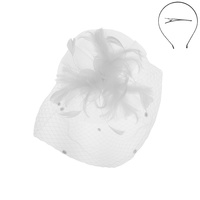 2 ROSE FEATHER W VEIL FASCINATOR DETACHABLE HEADBAND INCLUDES HEADBAND AND CLIP