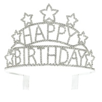 HAPPY BIRTHDAY CRYSTAL RHINESTONE PAVE TALL STAR TIARA CROWN WITH COMB