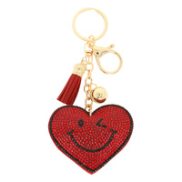 RED RHINESTONE PAVE SMILEY FACE HEART KEYCHAIN