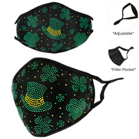 ST PATRICKS DAY CLOVER RHINESTONE BLING MASK W/ FILTER POCKET & ADJUSTABLE ELASTIC EAR STRAP