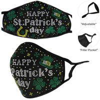 HAPPY ST PATRICKS DAY CLOVER RHINESTONE BLING MASK W/ FILTER POCKET & ADJUSTABLE ELASTIC EAR STRAP