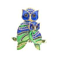 RHINESTONE PAVE ENAMEL OWLS BROOCH PIN