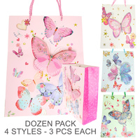 12 PK ASSORTED 3D BUTTERFLY PAPER GIFT BAGS